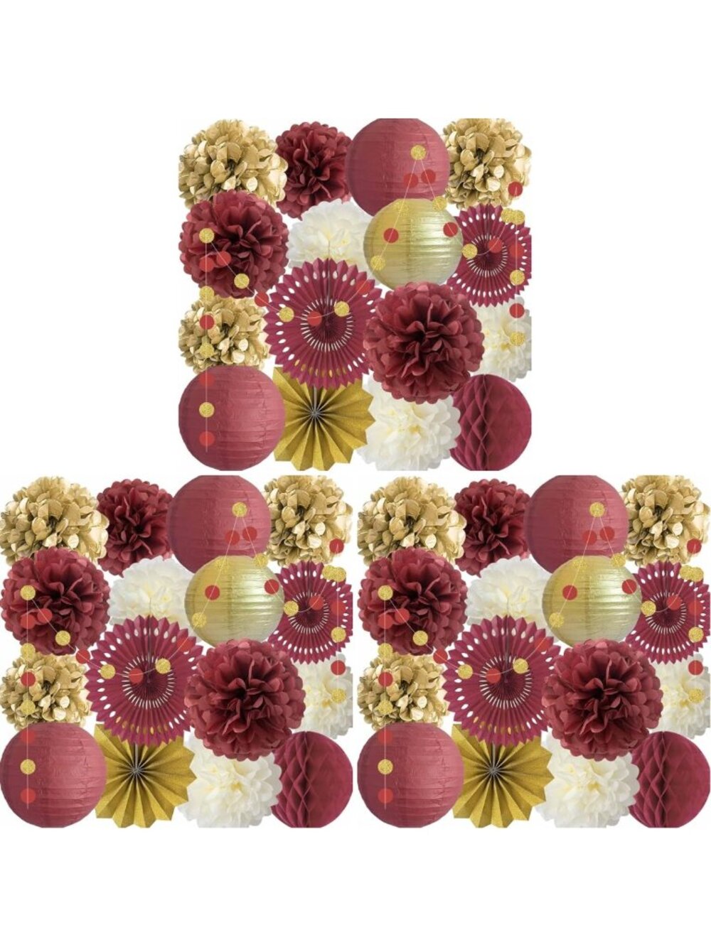Burgundy & Gold Party Decorations - Maroon Paper Fans, Lanterns, Pom Poms (3